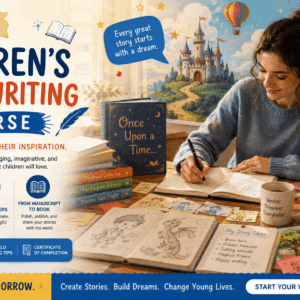 Writer creating stories and characters in a children’s book writing course environment