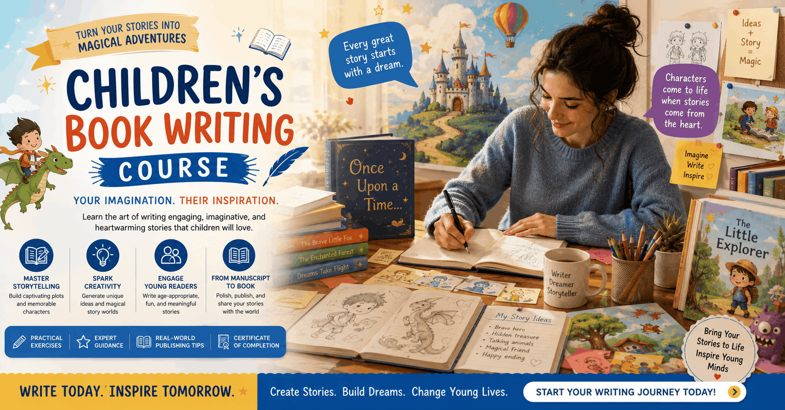 Writer creating stories and characters in a children’s book writing course environment