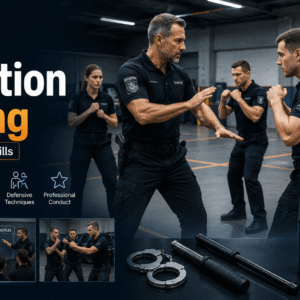 Close Protection Training visual showing security professionals practising controlled defensive procedures in a training facility.