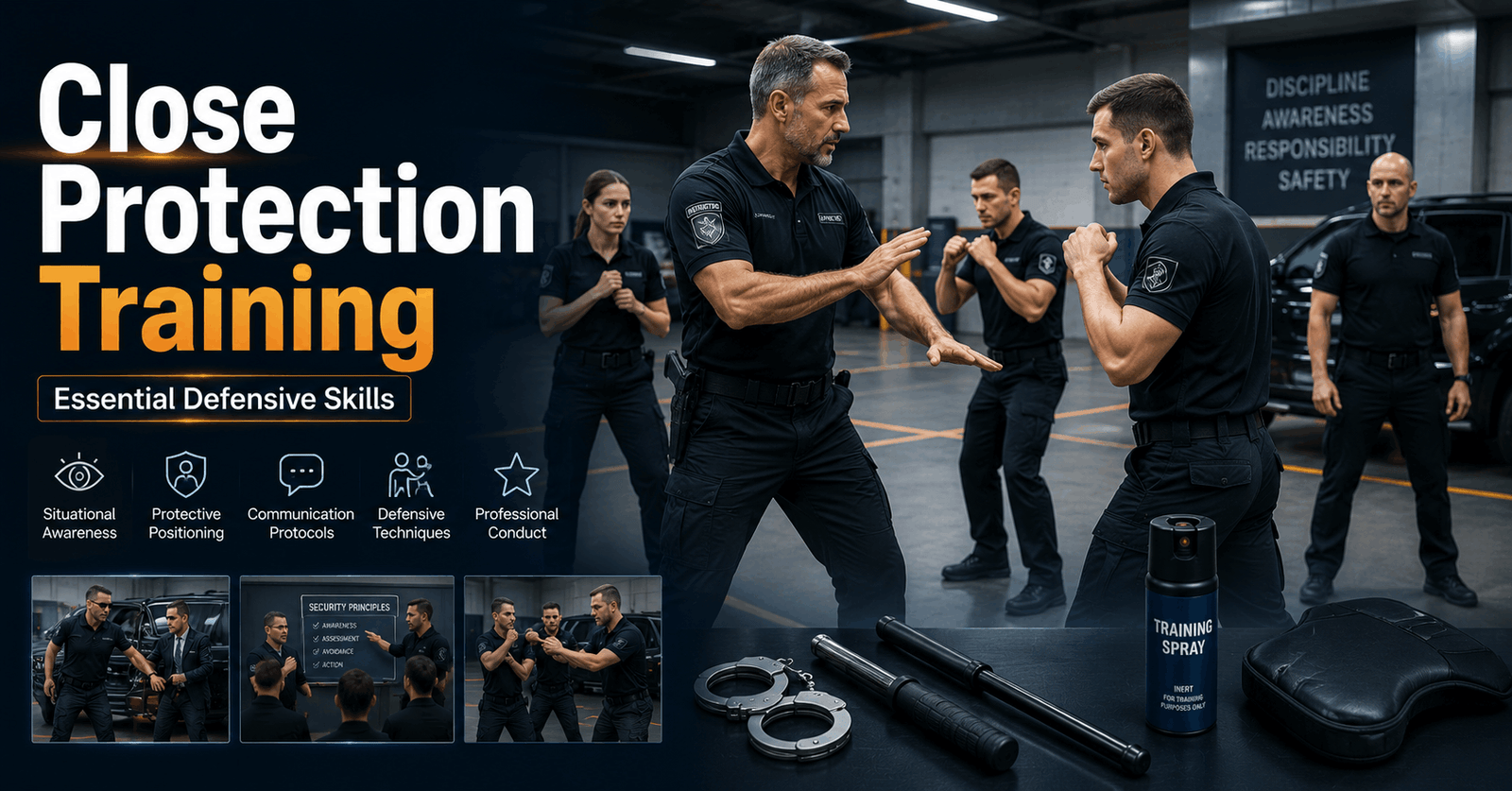Close Protection Training visual showing security professionals practising controlled defensive procedures in a training facility.