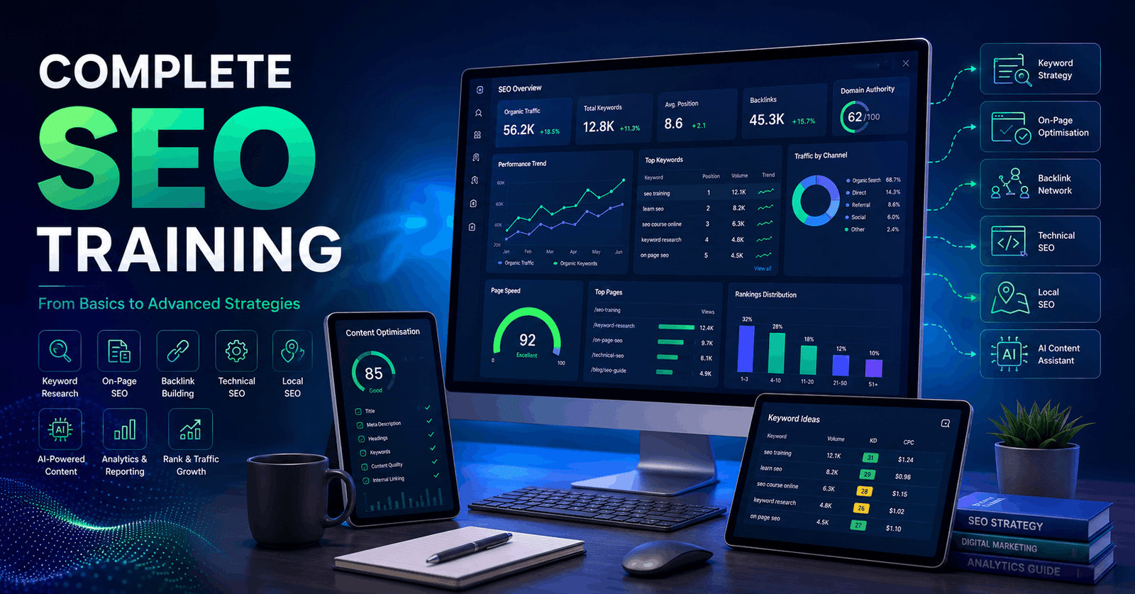 Complete SEO Training workspace showing keyword research, analytics, search rankings, content strategy, and link building concepts.