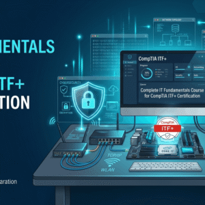 CompTIA IT Fundamentals course banner showing hardware, networking, security, and IT support concepts