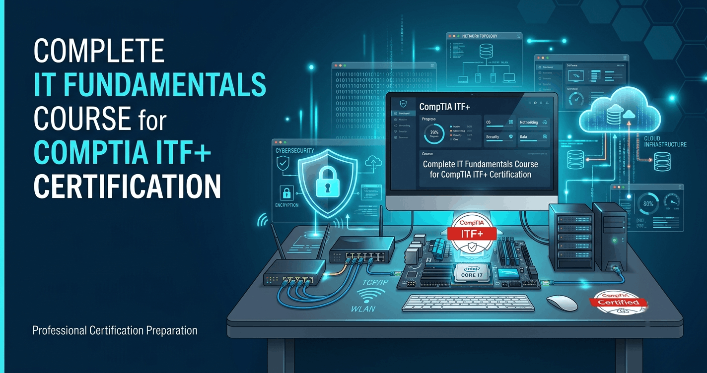 CompTIA IT Fundamentals course banner showing hardware, networking, security, and IT support concepts