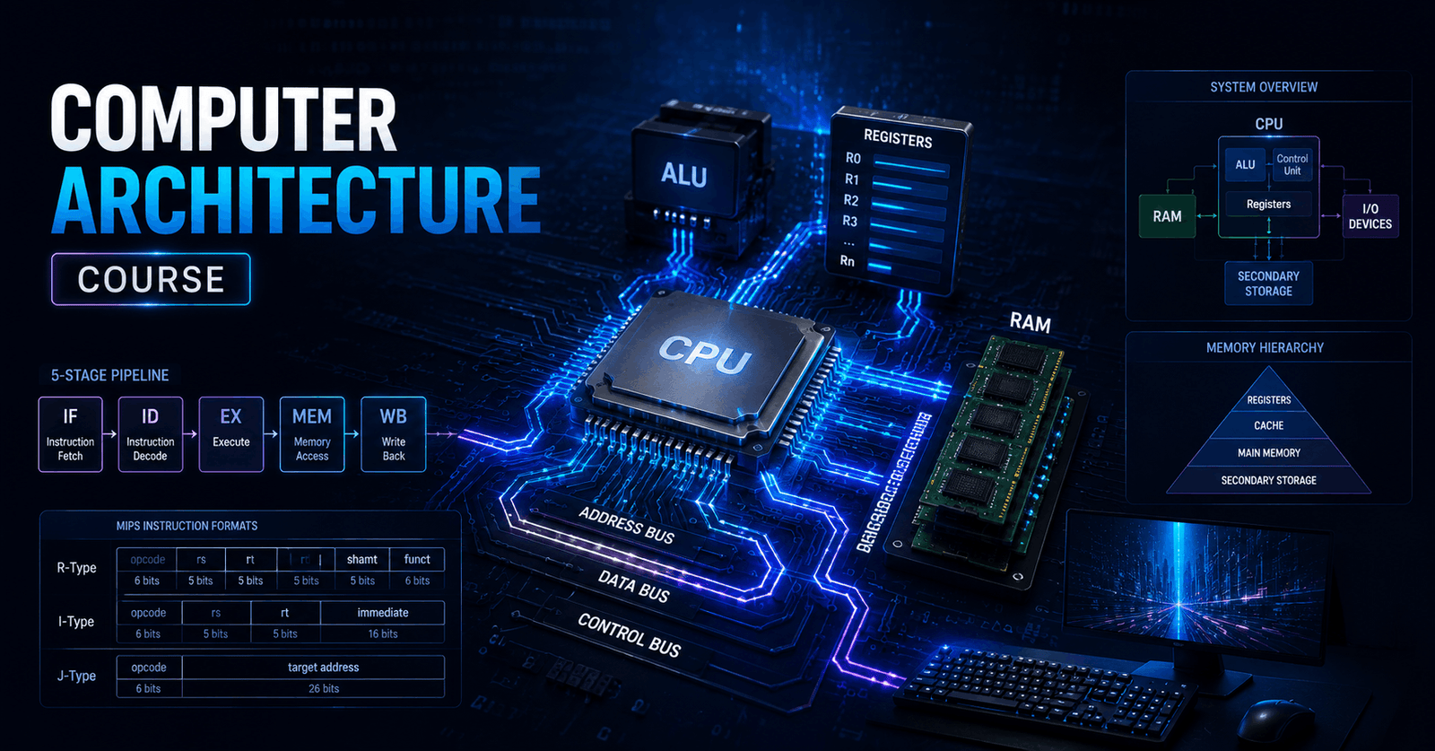 Computer Architecture Course showing CPU, ALU, registers, memory, buses, MIPS instructions and pipeline concepts