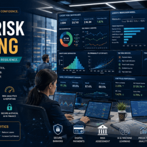 Credit Risk Modeling dashboard showing fraud detection, machine learning, banking analytics, and financial risk metrics.