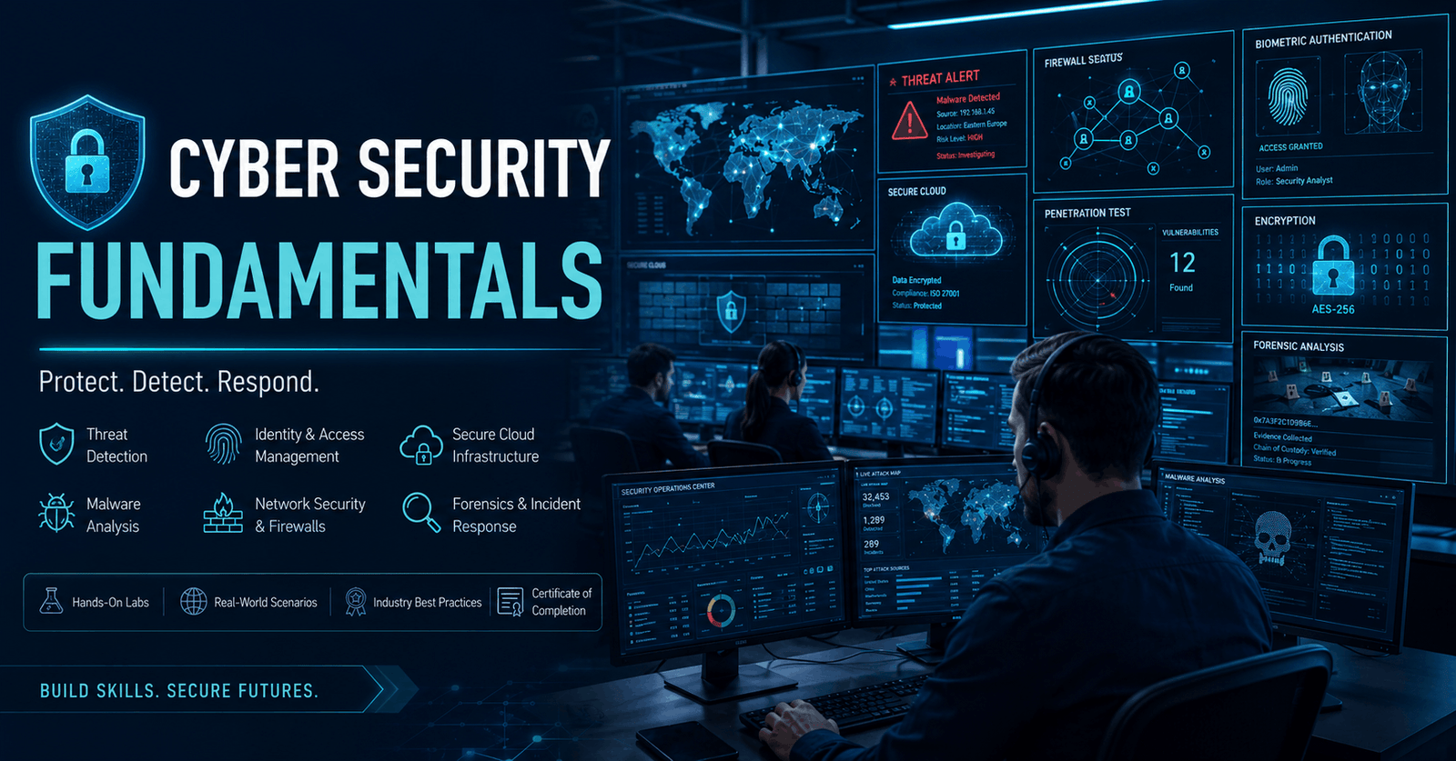 Cyber Security Fundamentals training with digital shields, network monitoring, encryption, and ethical hacking concepts.