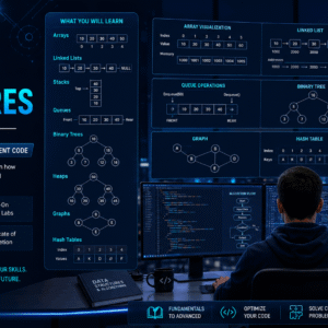 Professional educational banner for Data Structures Course covering arrays, trees, graphs, and algorithms