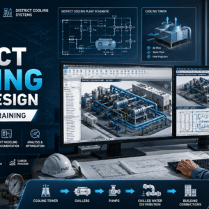 District Cooling System course banner showing HVAC plant design, chillers, pumps, cooling towers, and Revit engineering workflow