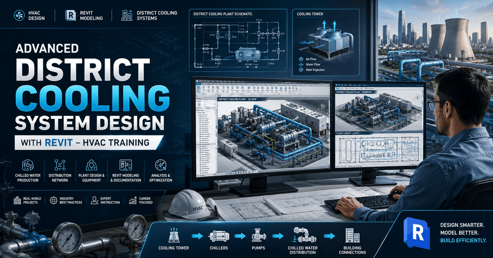 District Cooling System course banner showing HVAC plant design, chillers, pumps, cooling towers, and Revit engineering workflow