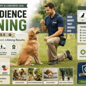 Professional dog trainer teaching Dog Obedience Training commands to a well-behaved dog in a training environment