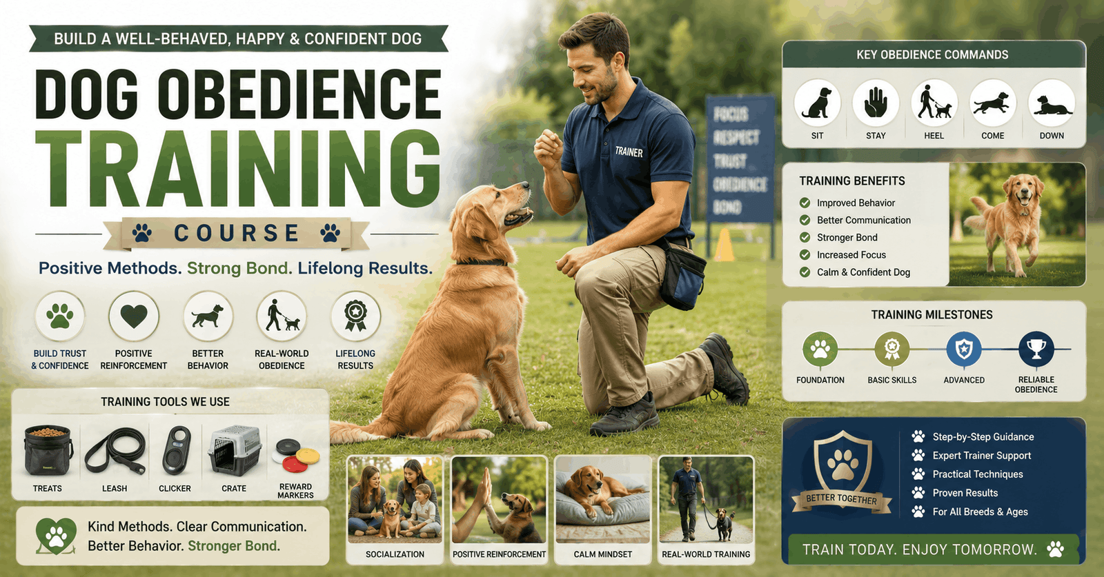 Professional dog trainer teaching Dog Obedience Training commands to a well-behaved dog in a training environment