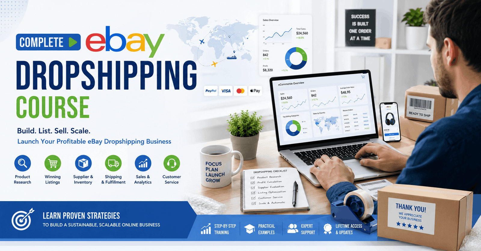 Entrepreneur managing an online store in the eBay Dropshipping Course with product listings, sales analytics, and shipping workflow.