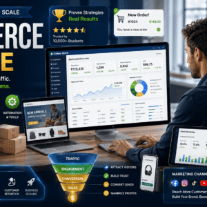 Professional educational banner for Ecommerce Course showing online store growth, sales analytics, and digital marketing