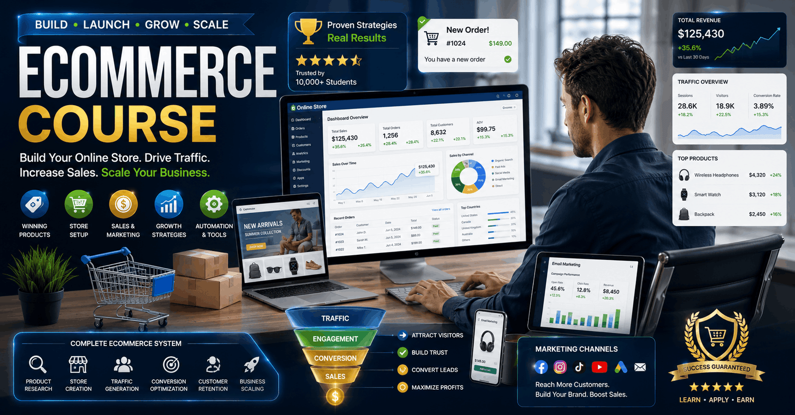 Professional educational banner for Ecommerce Course showing online store growth, sales analytics, and digital marketing