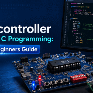 Embedded C Programming course visual featuring an 8051 microcontroller, C code, circuit board and embedded systems.