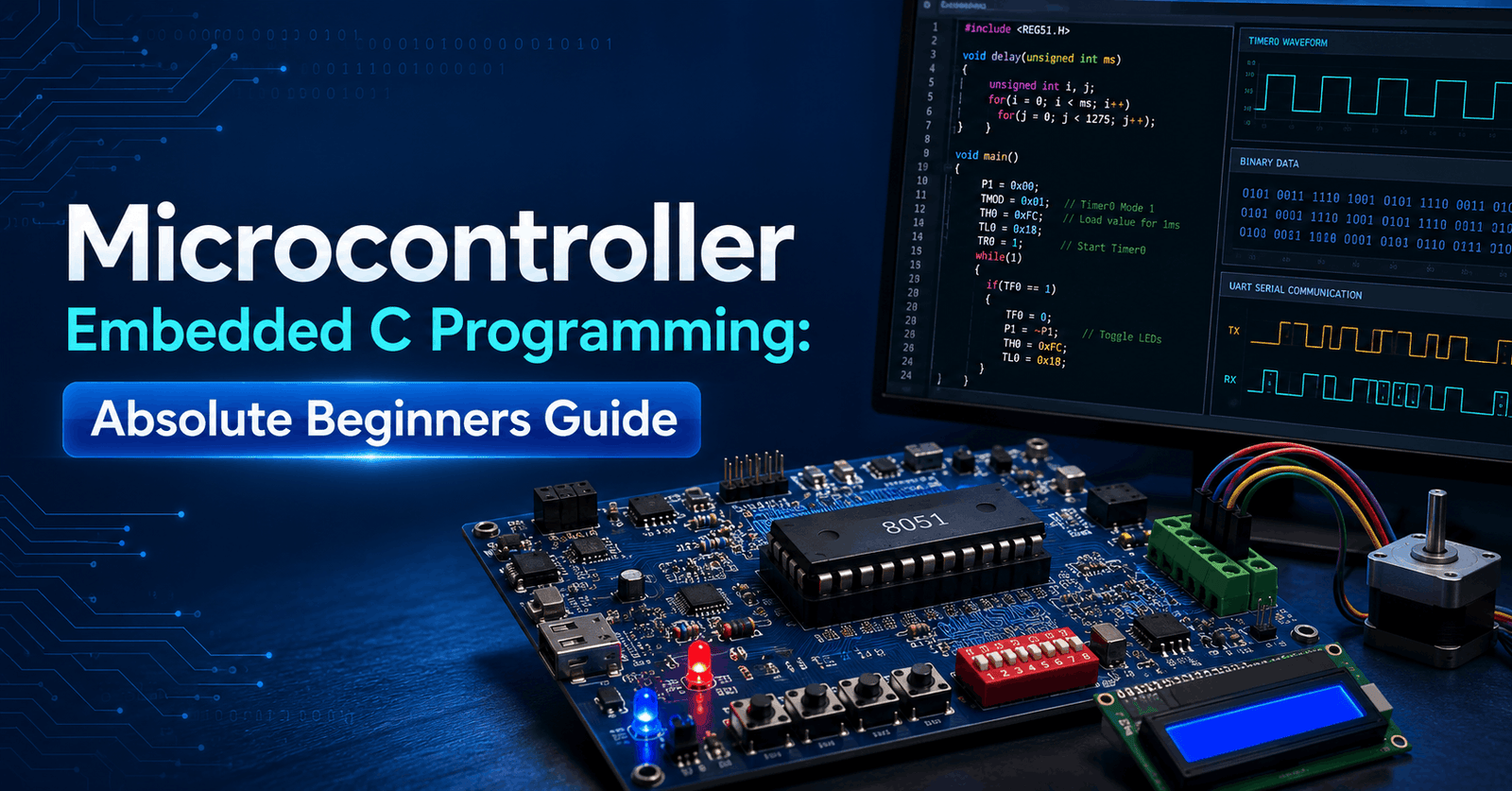 Embedded C Programming course visual featuring an 8051 microcontroller, C code, circuit board and embedded systems.