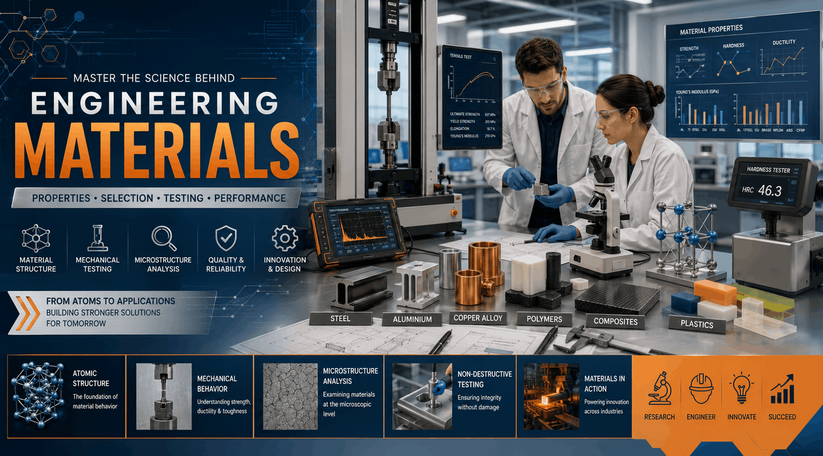 Engineering Materials illustration showing metals, polymers, material testing equipment, and structural property analysis.