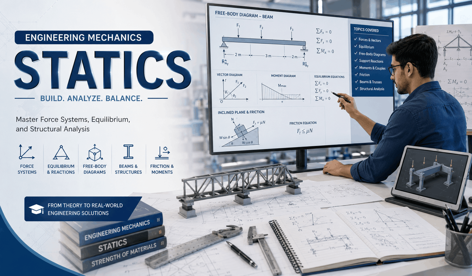 Engineering student studying Engineering Mechanics Statics with force diagrams, beams, vectors, and equilibrium calculations.