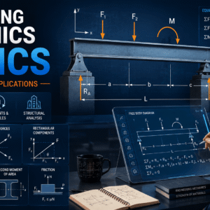 Engineering Mechanics Statics course visual showing force vectors, beam reactions, equilibrium and engineering calculations.