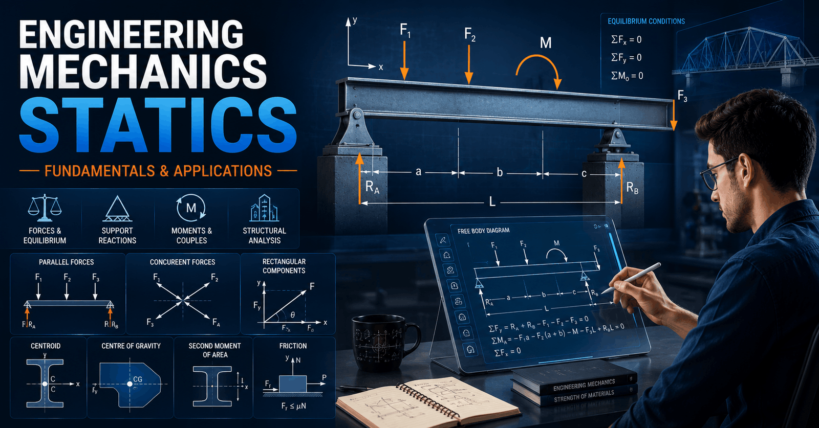 Engineering Mechanics Statics course visual showing force vectors, beam reactions, equilibrium and engineering calculations.