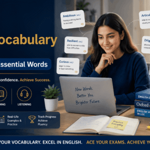 English Vocabulary Course banner showing vocabulary learning, word building, and language improvement for fluency and exam success