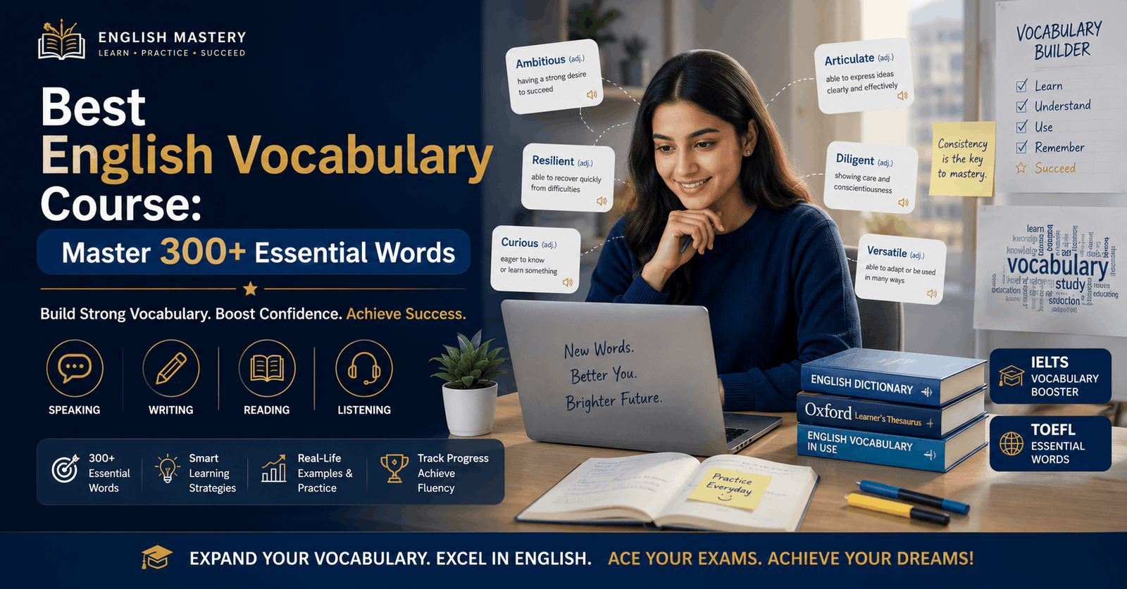 English Vocabulary Course banner showing vocabulary learning, word building, and language improvement for fluency and exam success