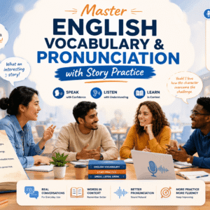 English Vocabulary Pronunciation course banner showing storytelling, vocabulary learning, and pronunciation practice in conversation