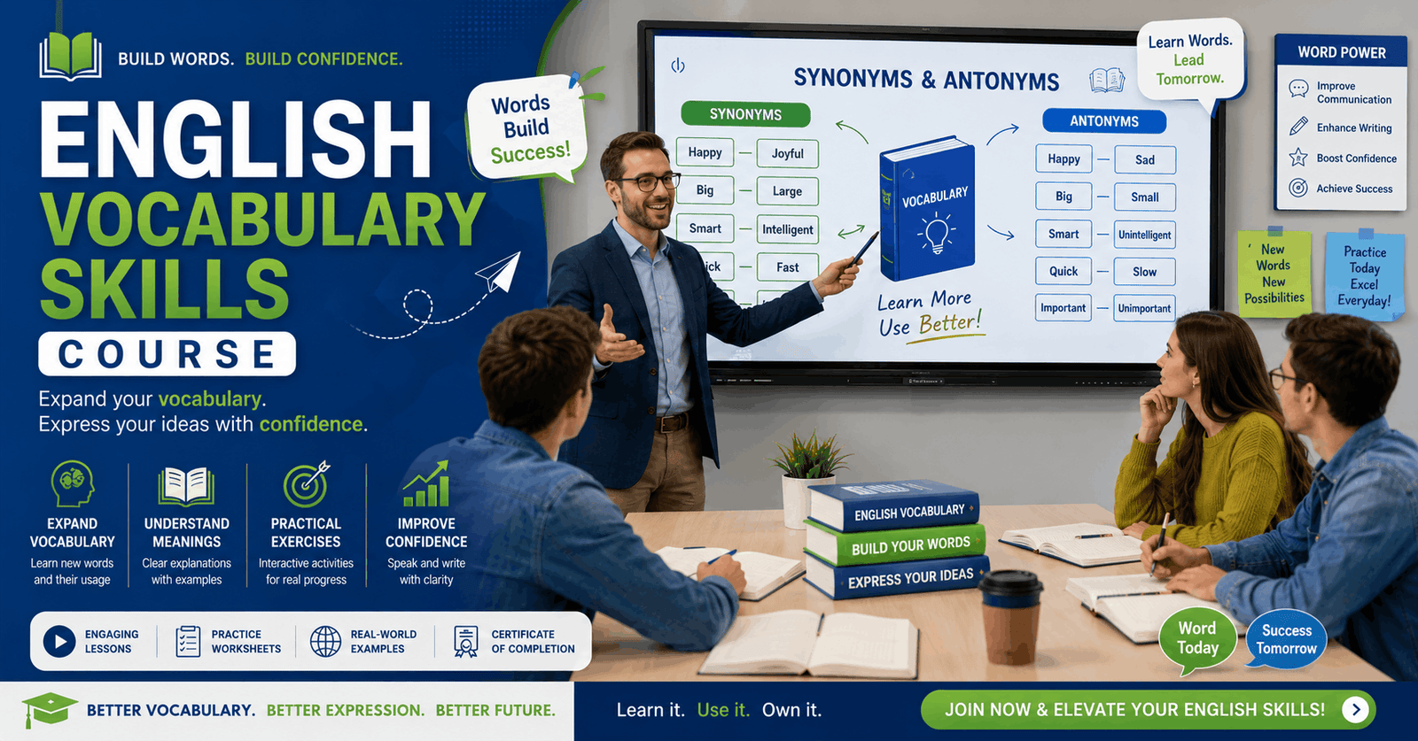Student improving vocabulary with synonyms and antonyms in an English vocabulary skills course