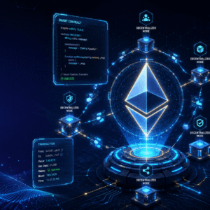 Ethereum Virtual Machine course showing blockchain nodes, smart contracts, and EVM architecture visualization