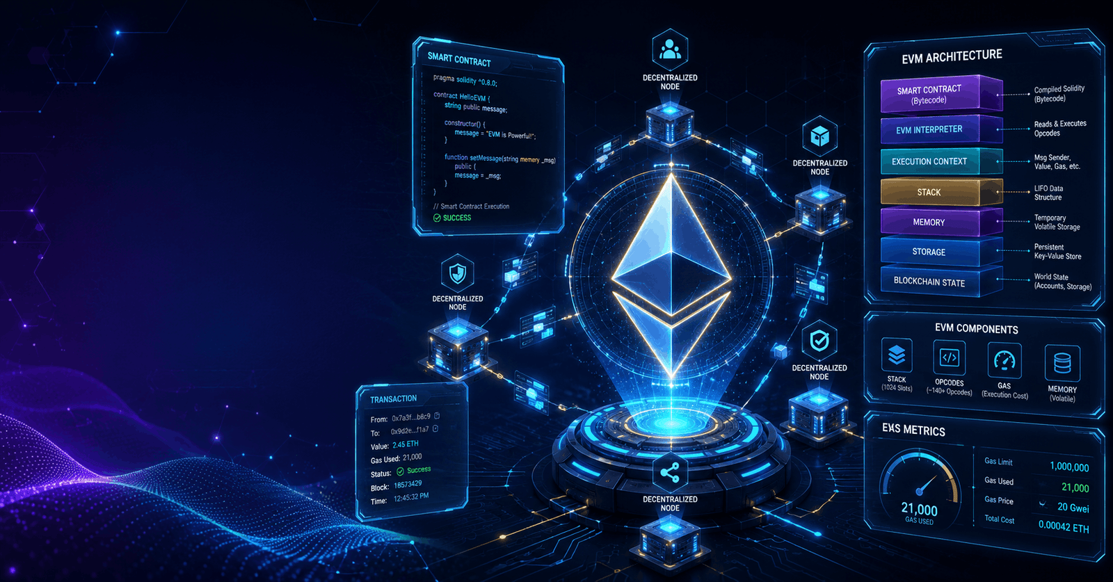 Ethereum Virtual Machine course showing blockchain nodes, smart contracts, and EVM architecture visualization