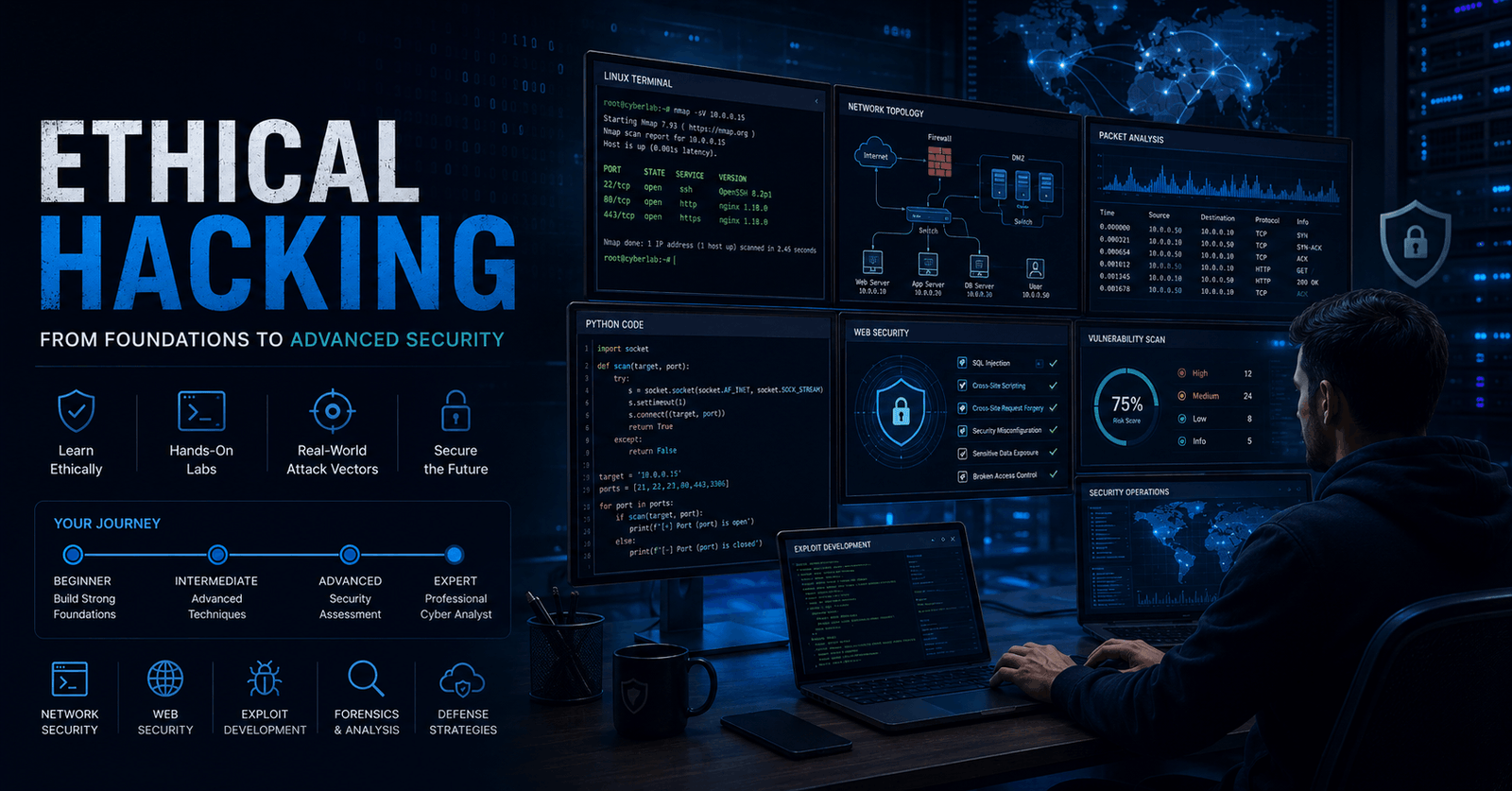 Ethical Hacking Course featuring cybersecurity, Kali Linux, network analysis, web security and Python skills