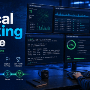 Ethical Hacking Course visual with a cyber security learner using Kali Linux, terminal tools and a virtual training lab.