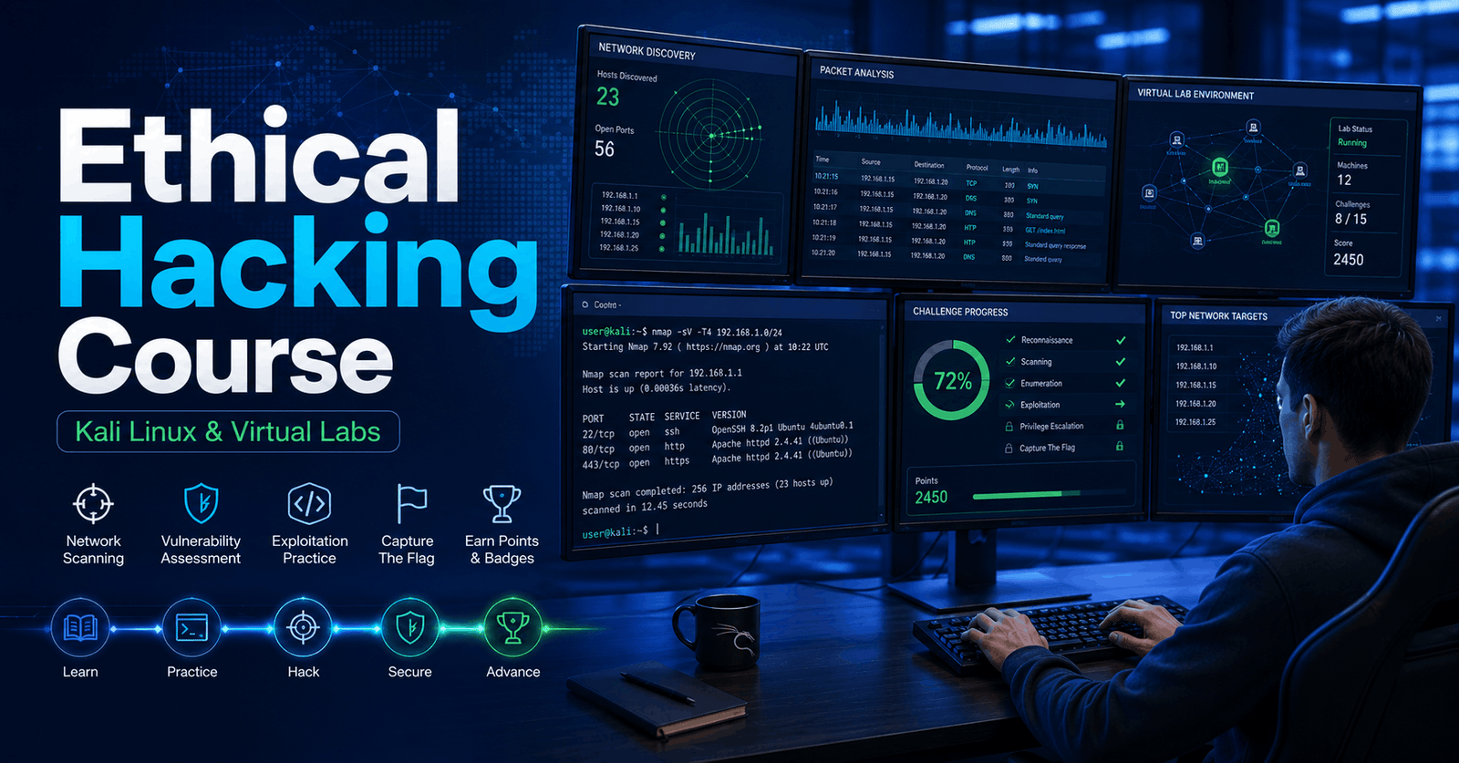 Ethical Hacking Course visual with a cyber security learner using Kali Linux, terminal tools and a virtual training lab.