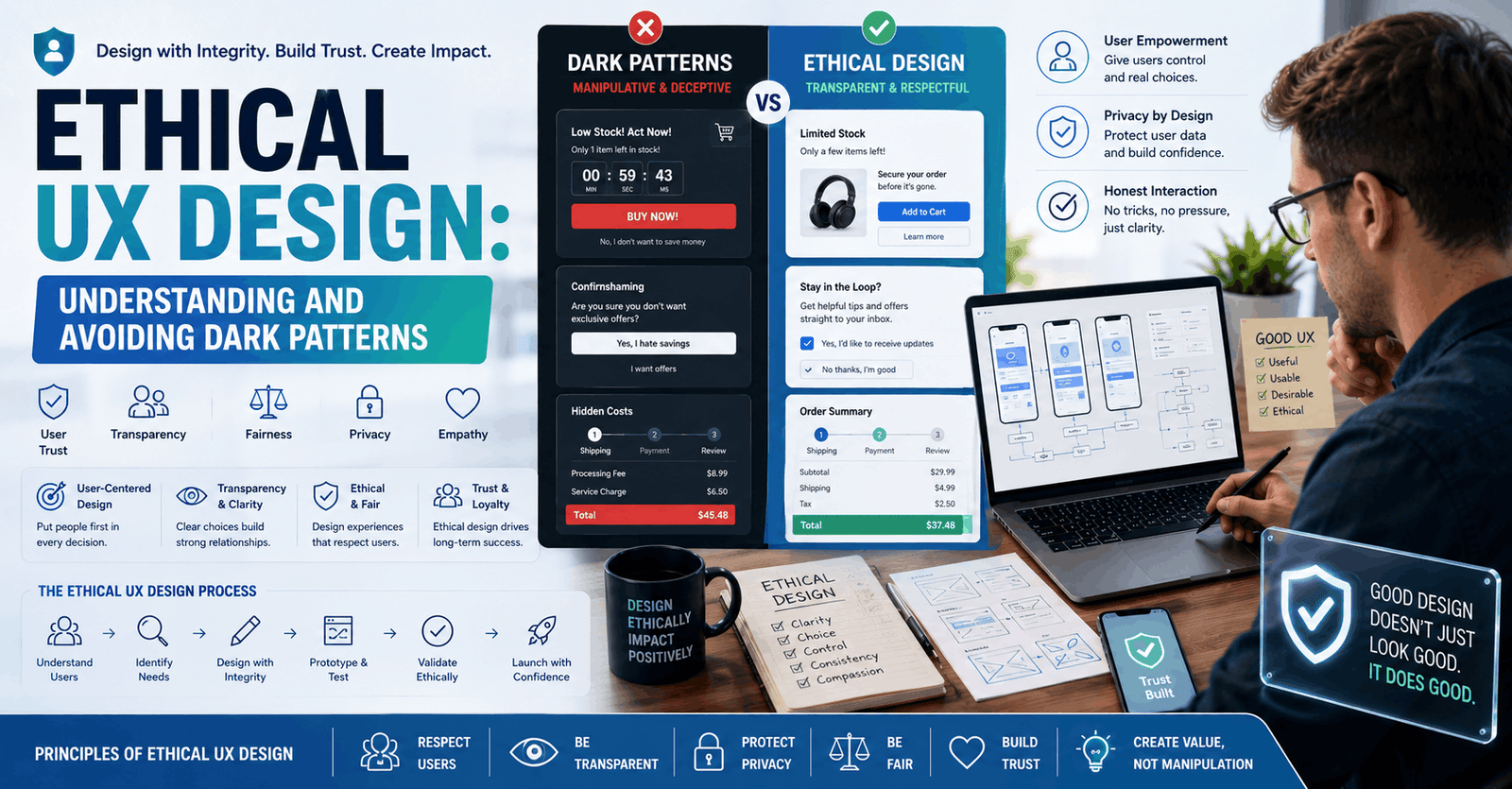 Ethical UX Design course teaching dark patterns, user trust, ethical interfaces, and responsible digital experiences
