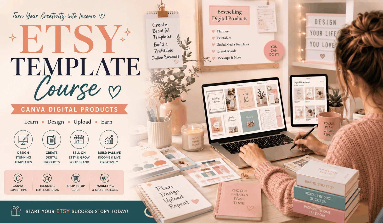 Entrepreneur designing Canva products for the Etsy Template Course with digital templates, branding, and online shop tools.