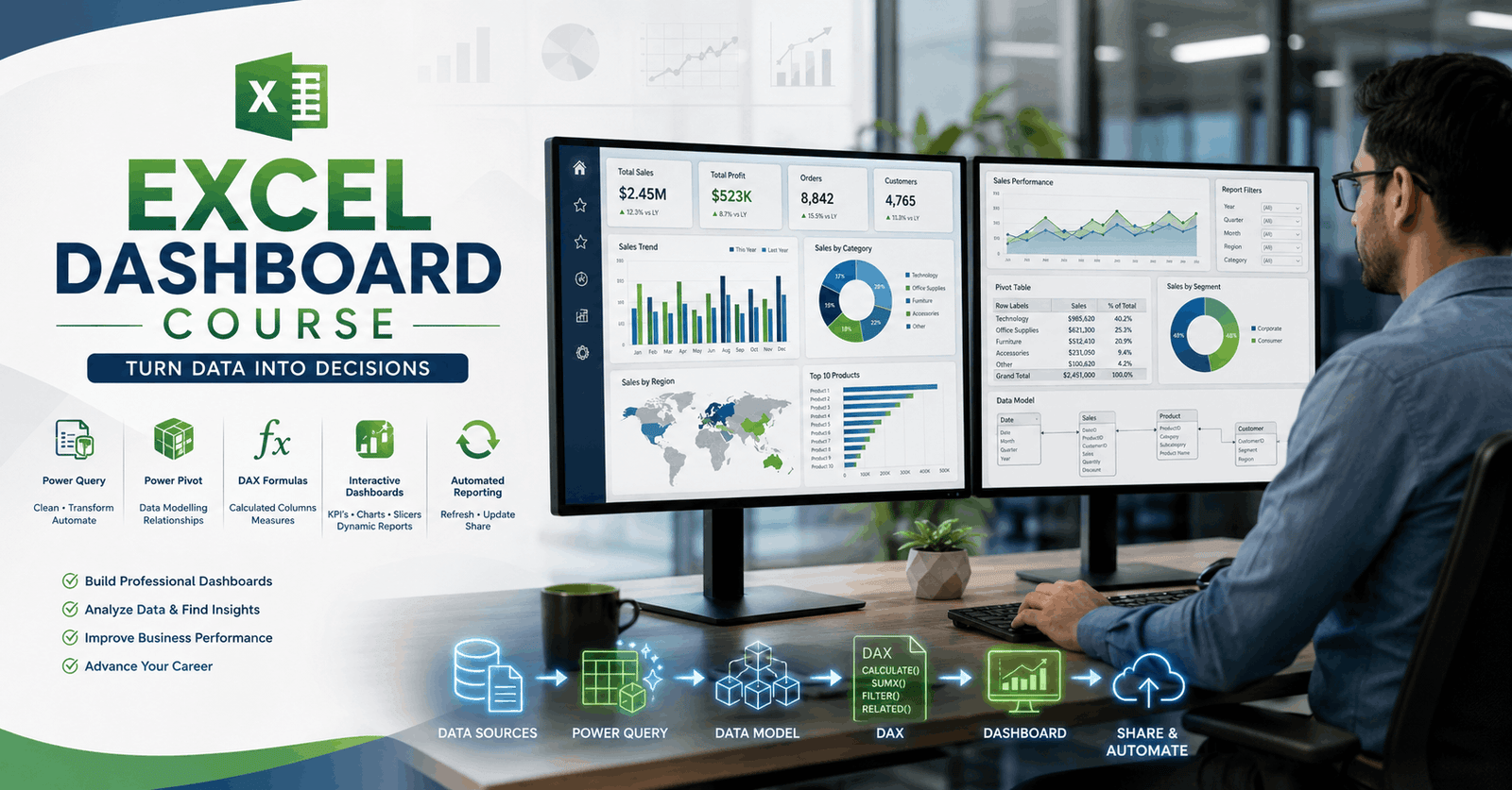 Professional creating interactive reports in the Excel Dashboard Course using Power Query, Power Pivot, DAX, and charts.