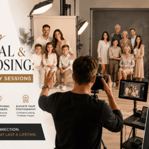 Professional family posing photography session featuring parents, children, and portrait posing techniques