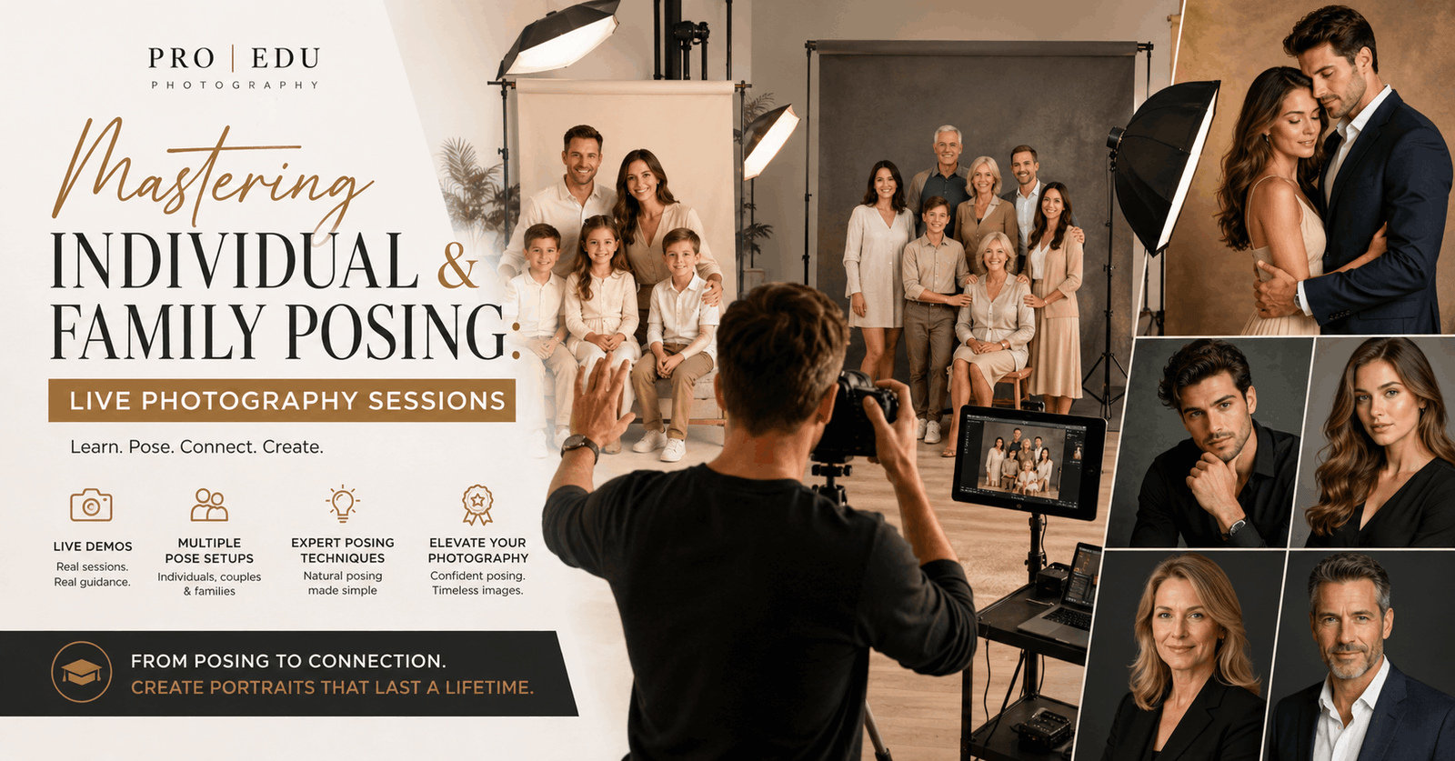 Professional family posing photography session featuring parents, children, and portrait posing techniques