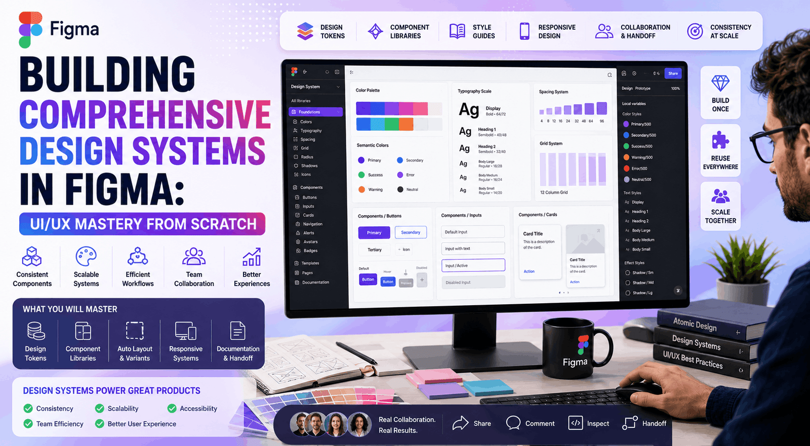 Figma Design Systems course covering design tokens, components, UI systems, layouts, and scalable design workflows
