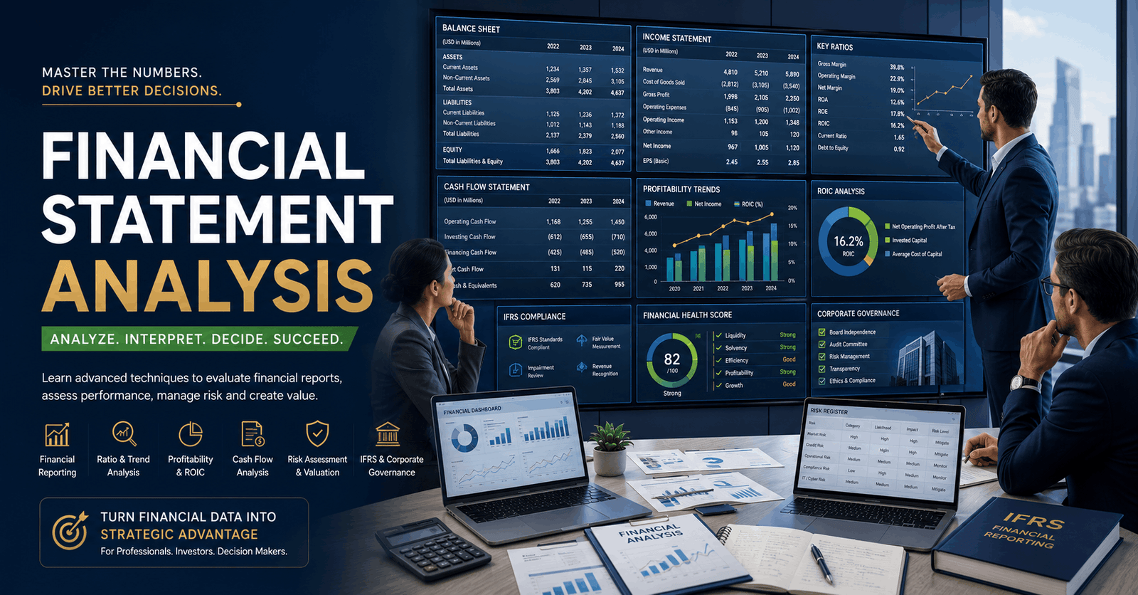 Financial Statement Analysis dashboard showing balance sheets, cash flow, financial ratios, and corporate reporting.