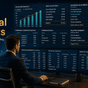 Financial Valuation dashboard showing DCF models, WACC, trading multiples, financial statements and company value analysis