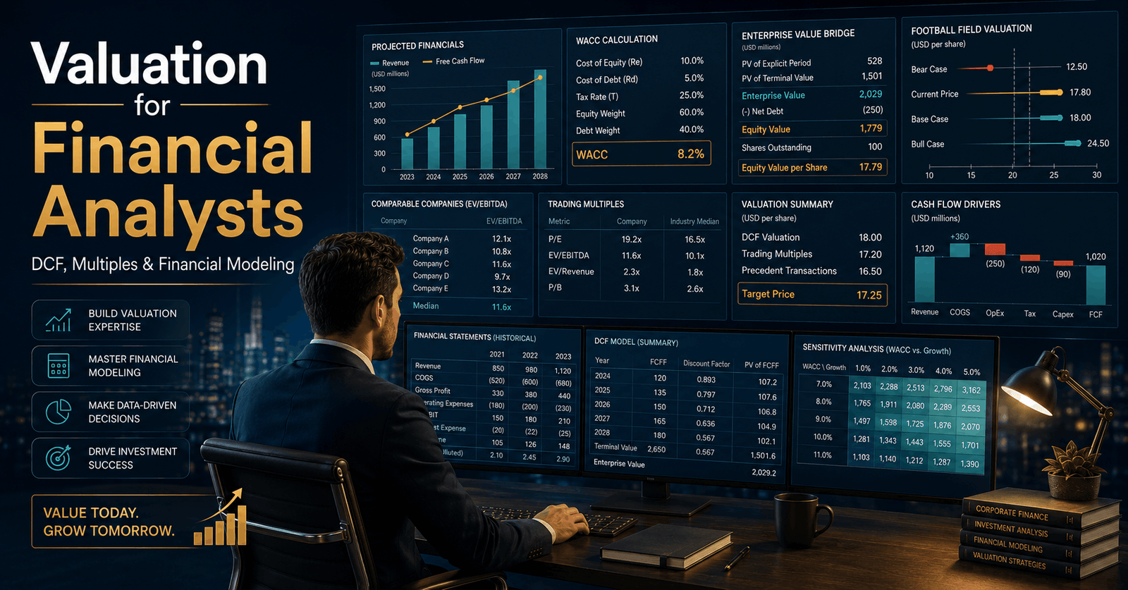 Financial Valuation dashboard showing DCF models, WACC, trading multiples, financial statements and company value analysis