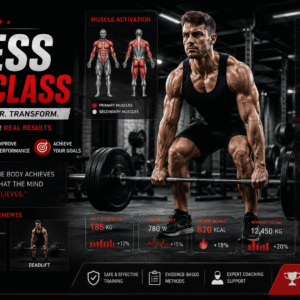 Professional educational banner for Fitness Masterclass showing strength training, muscle building, and fat loss transformation