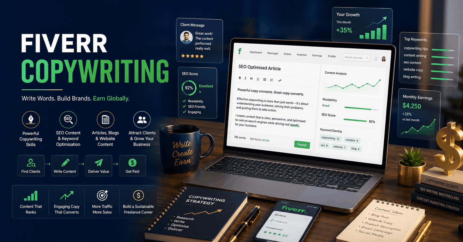 Fiverr Copywriting course visual showing freelance writing, SEO content, client projects, and online earning concepts.