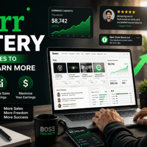 Fiverr Mastery course banner showing freelance success, gig creation, online earnings, and digital marketplace growth