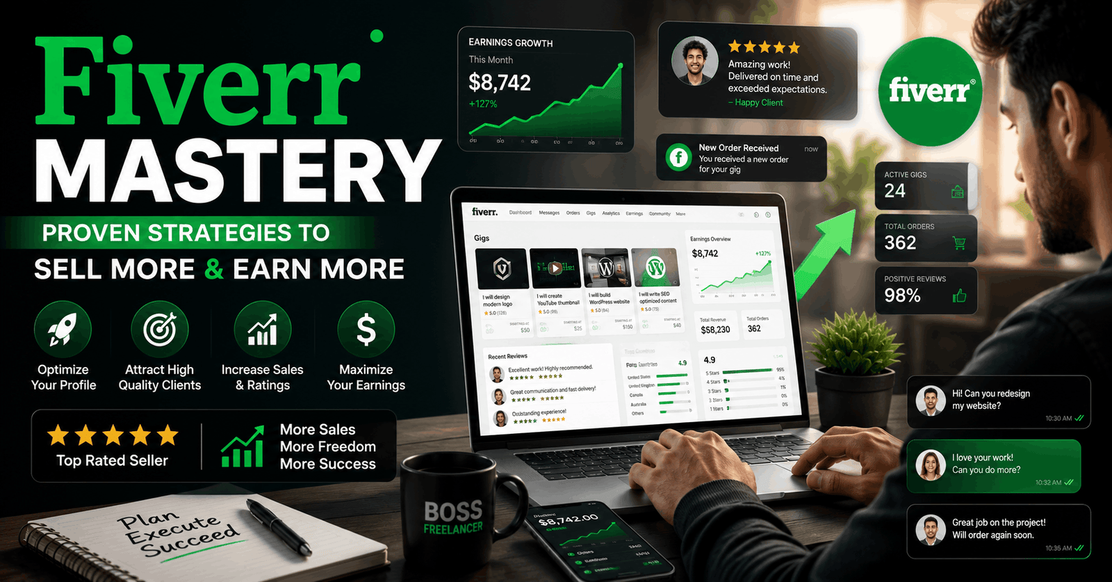 Fiverr Mastery course banner showing freelance success, gig creation, online earnings, and digital marketplace growth