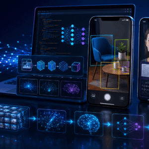 Flutter Machine Learning course visual showing mobile AI for face, object, text and image recognition on smartphones.