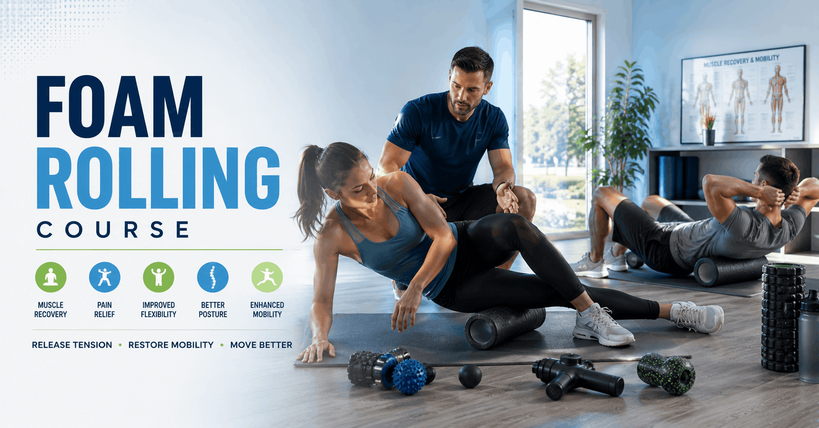 Foam Rolling Course instructor demonstrating foam rolling techniques for muscle recovery and improved mobility.