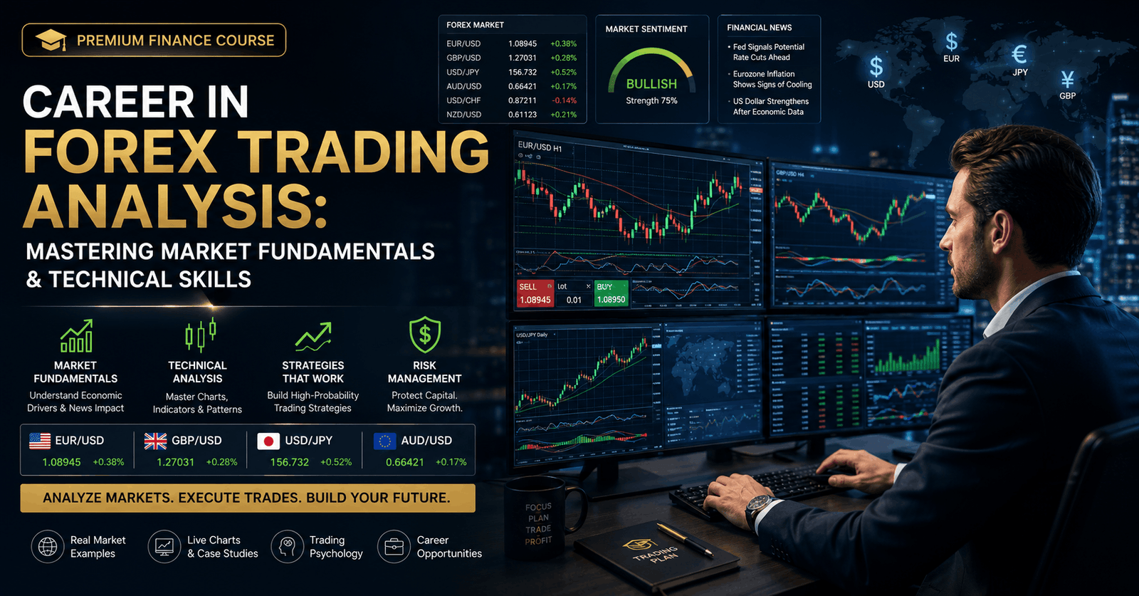 Forex Trading Analysis course banner showing trading charts, candlesticks, market data, and currency trading strategies