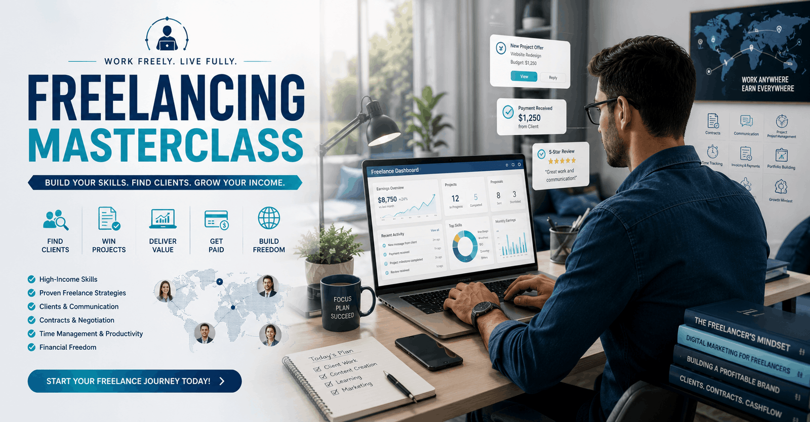 Freelancer building an online career through the Freelancing Masterclass using multiple freelance platforms.